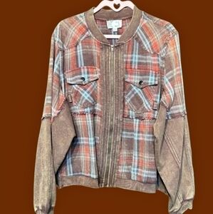🍂Oli & Hali Brown Plaid Mix Media Distressed Plaid Zip Jacket